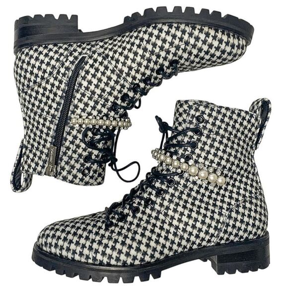 Jimmy Choo Cruz Black White Houndstooth Embellished Combat Lace-Up Boots EU 37 - Picture 7 of 10